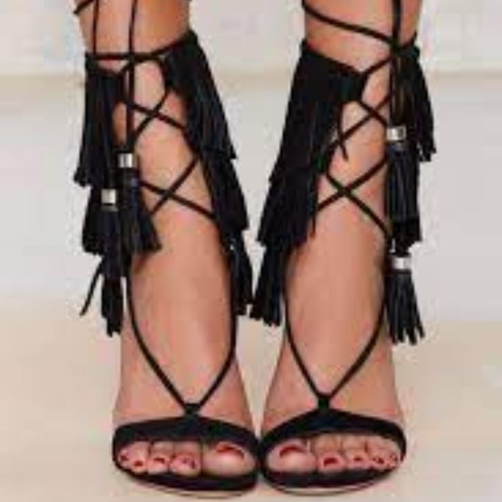 Schutz Salto Alto fringe suede heels in black NIB